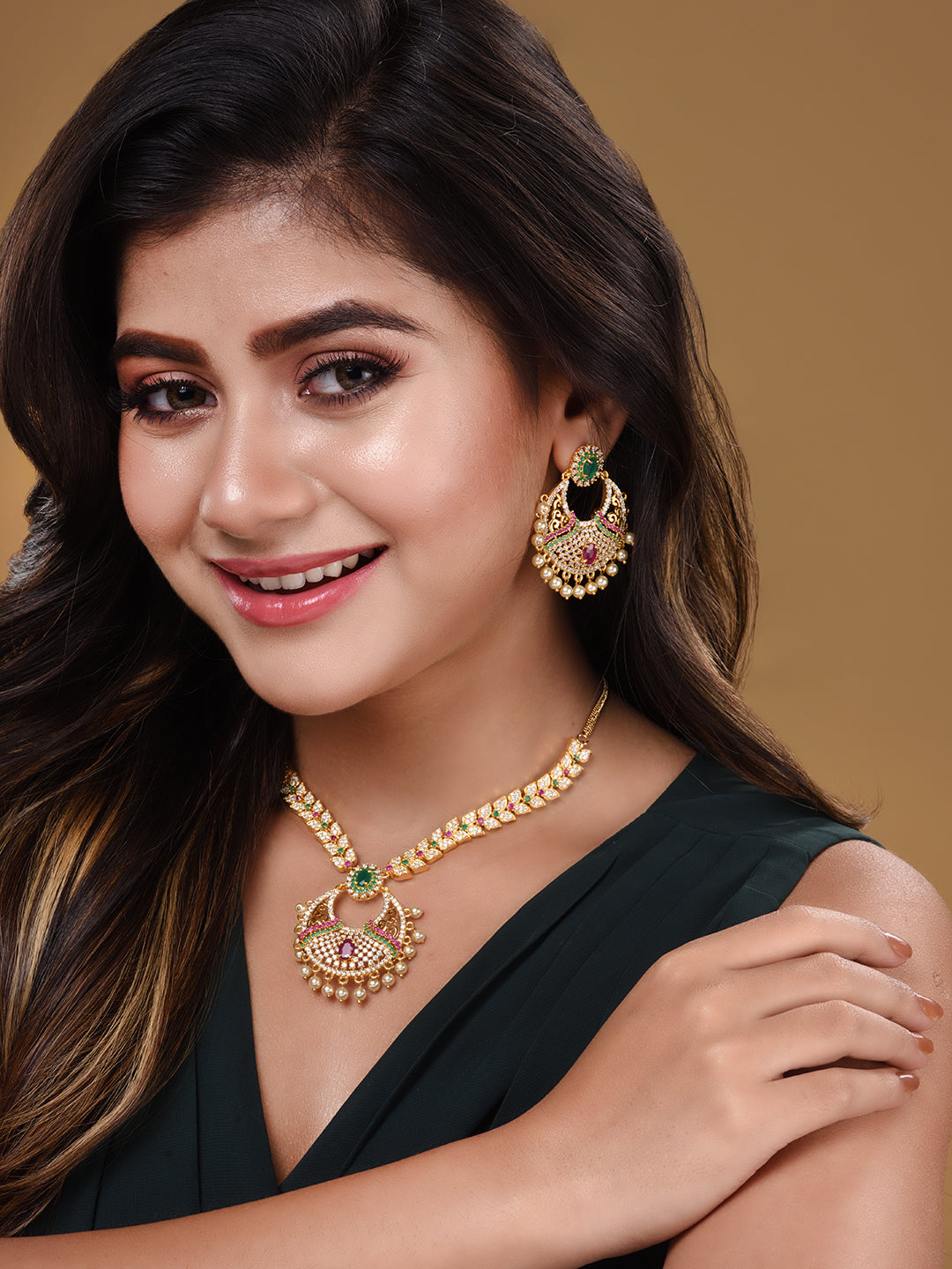 Gold Plated Multi AD & Pearl studded traditional Pandant Earrings Set